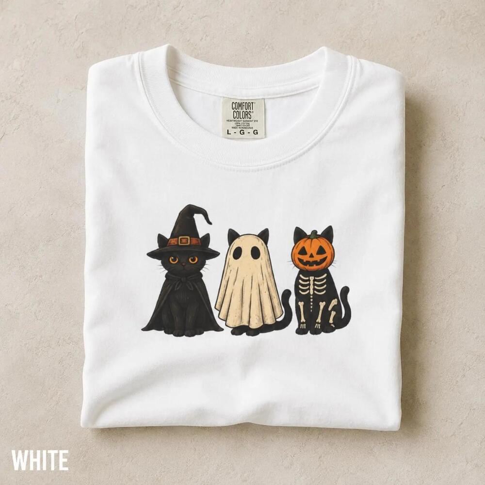 Cute Halloween Cat Shirt, S  Tee, Ghost Witch Pumpkin Cat T-Shirt